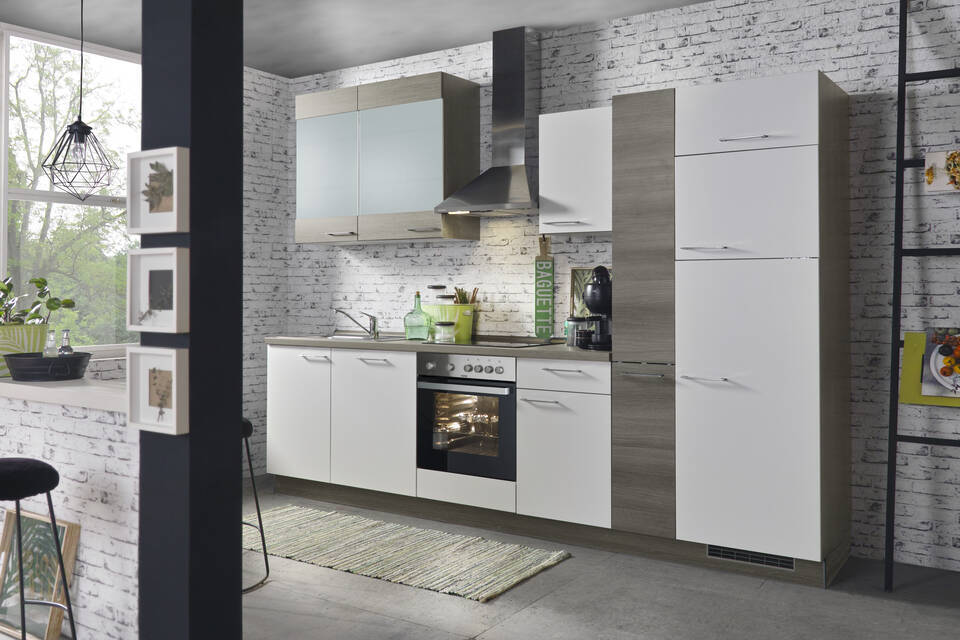 Küchenzeile "EXK980-1-1" mit Geräten: Weiß - Eiche grau - Eiche grau, 310cm / Bild 1