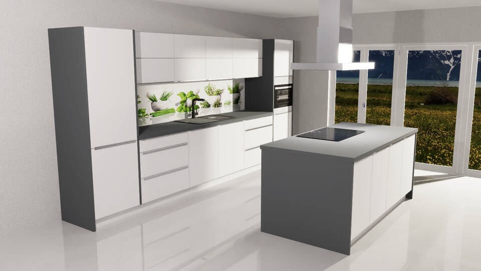 Küche mit Insel "EXK1010-4-1" mit Geräten: Lacklaminat Weiß Hochglanz - Anthrazit Steinstruktur, 615cm