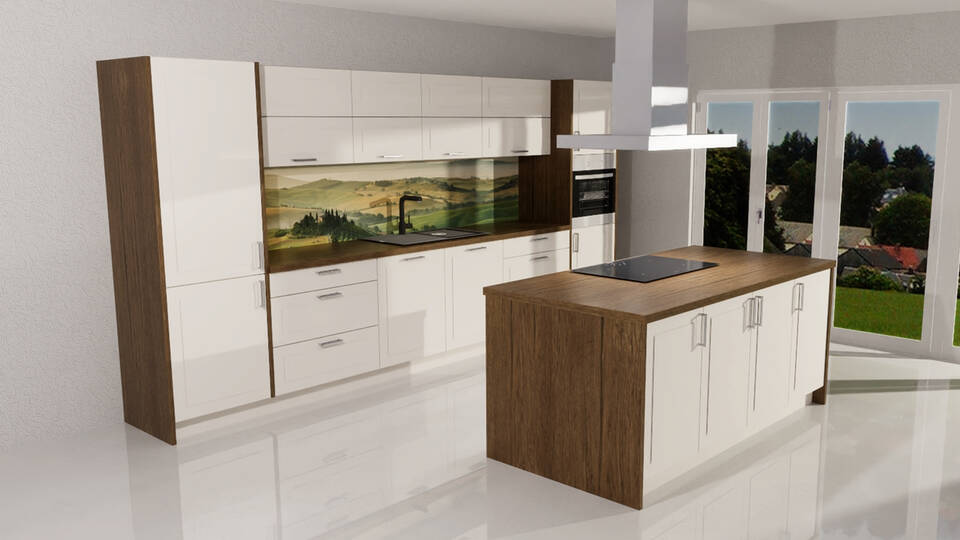 Küche mit Insel "EXK1040-2-1" mit Geräten: Rahmenfront Lacklaminat Magnolia - Eiche Klassik, 615cm