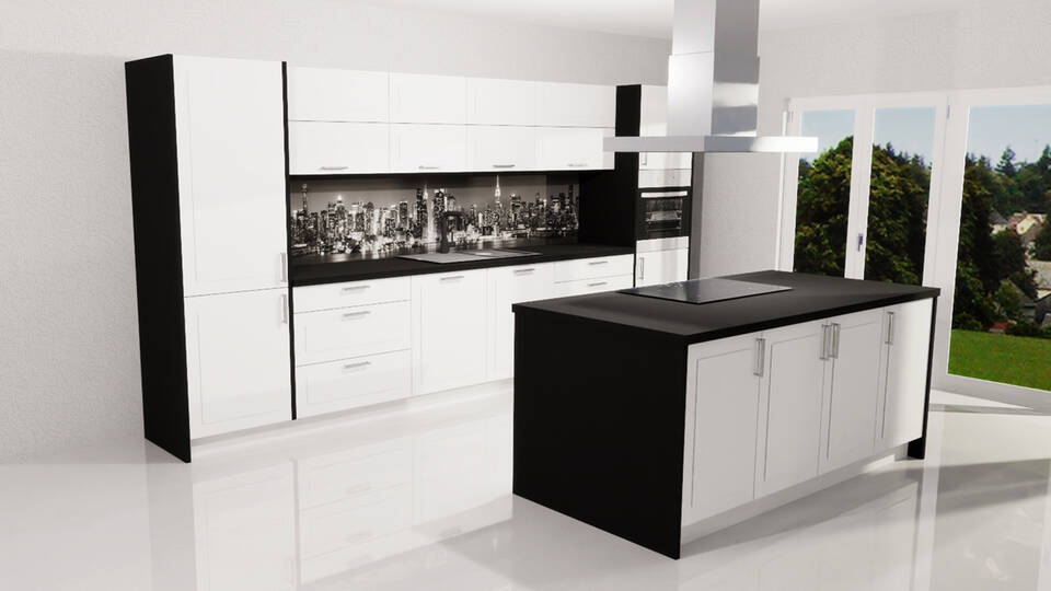 Küche mit Insel "EXK1040-1-1" mit Geräten: Rahmenfront Lacklaminat Weiß - Schwarz Steinstruktur, 615cm