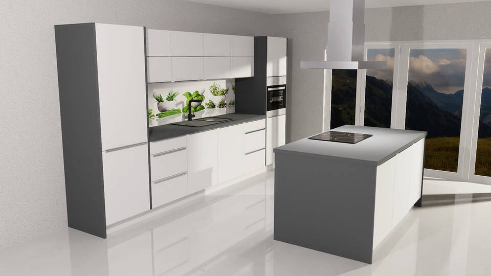 Küche mit Insel "EXK1020-4-1" mit Geräten: Lacklaminat Weiß Hochglanz - Anthrazit Steinstruktur, 555cm