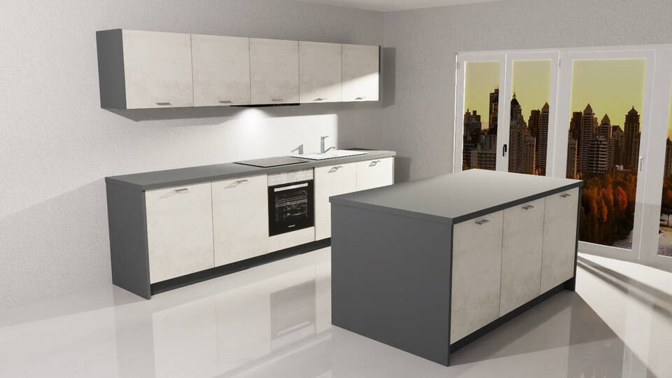 Küche mit Insel "EXK1060-2-1" mit Geräten: Beton steinweiß - Anthrazit Steinstruktur, 490cm