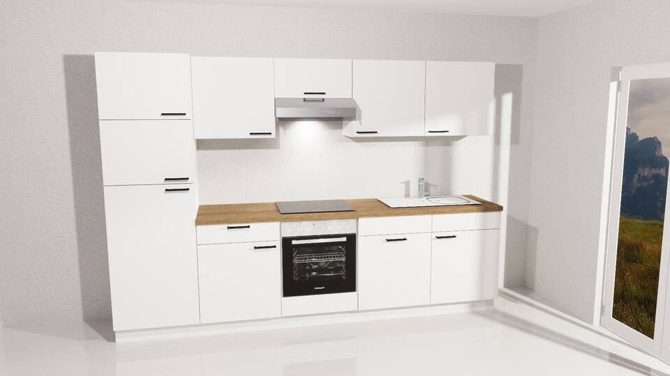 Küchenzeile "EXK1090-1-1" mit Geräten: Weiß - Eiche Klassik, 300cm