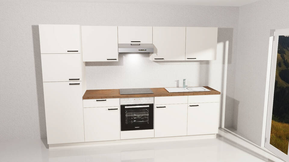 Küchenzeile "EXK1100-2-1" mit Geräten: Magnolia - Korthenstahl, 300cm