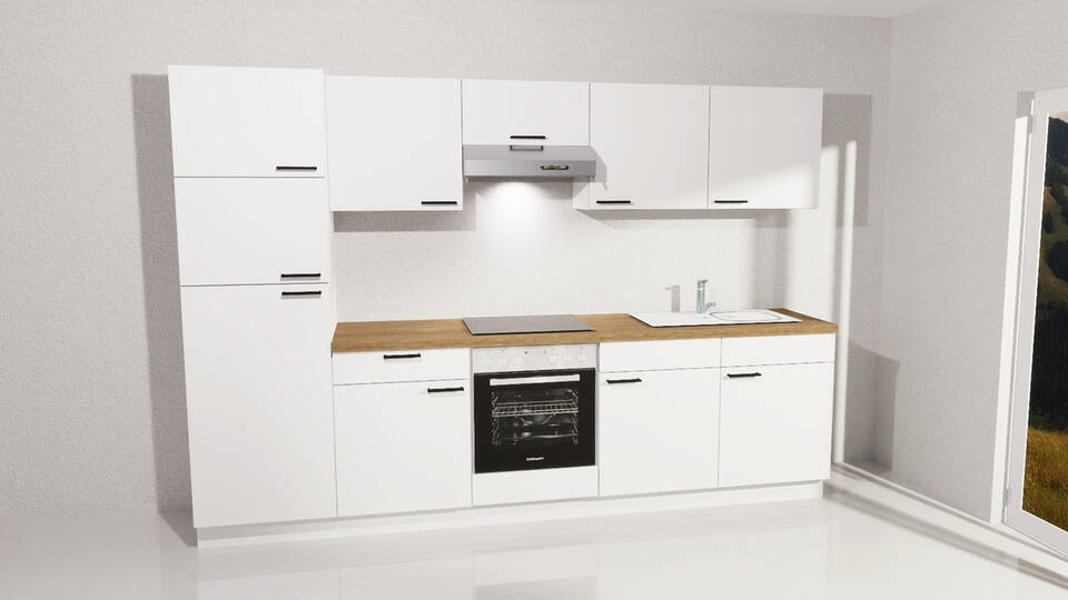 Küchenzeile "EXK1100-1-1" mit Geräten: Weiß - Eiche Klassik, 300cm