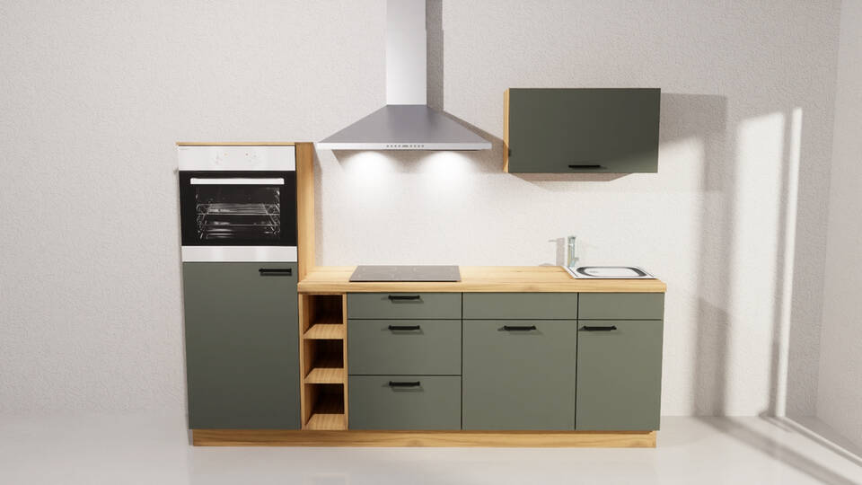 Küchenzeile "EXK1130-5-1" mit Geräten: Dunkelgrün - Eiche astig, 250cm