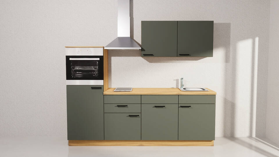 Küchenzeile "EXK1160-5-1" mit Geräten: Dunkelgrün - Eiche astig, 240cm