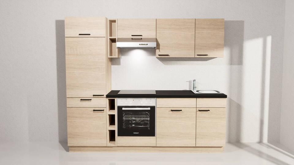 Küchenzeile "EXK1170-4-1" mit Geräten: Bergeiche - Schwarz Steinstruktur, 240cm