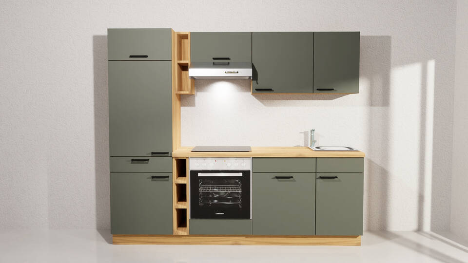 Küchenzeile "EXK1170-5-1" mit Geräten: Dunkelgrün - Eiche astig, 240cm