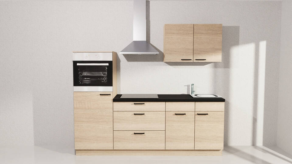 Küchenzeile "EXK1180-4-1" mit Geräten: Bergeiche - Schwarz Steinstruktur, 230cm