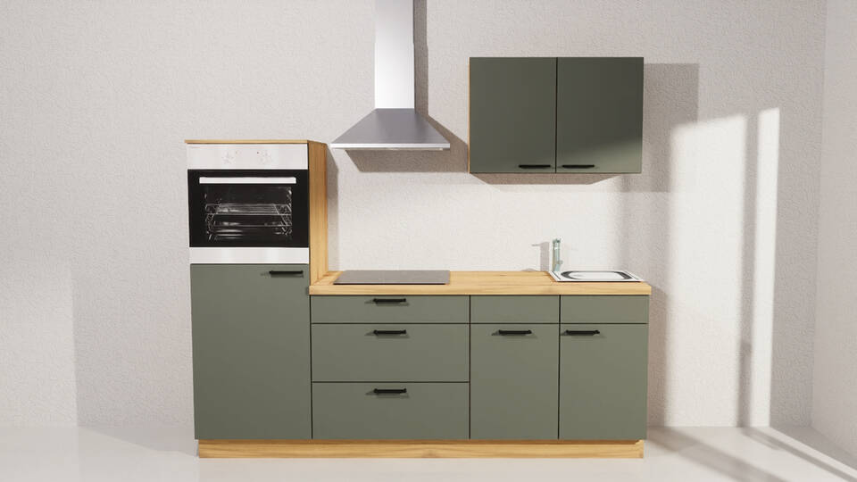 Küchenzeile "EXK1180-5-1" mit Geräten: Dunkelgrün - Eiche astig, 230cm