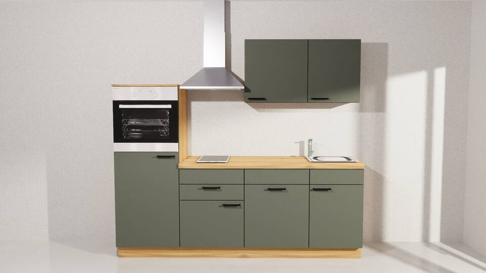 Küchenzeile "EXK1190-5-1" mit Geräten: Dunkelgrün - Eiche astig, 230cm