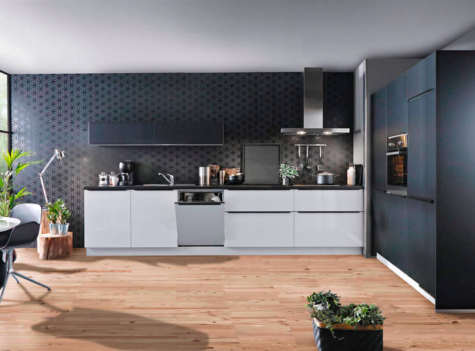Express Küche mit Geräten in Weiß Hochglanz & Schwarz: zweizeilig, 360x184 cm, 544 cm, Spüle links | Doppelblock "EXK50-1-1-l" / Bild 2