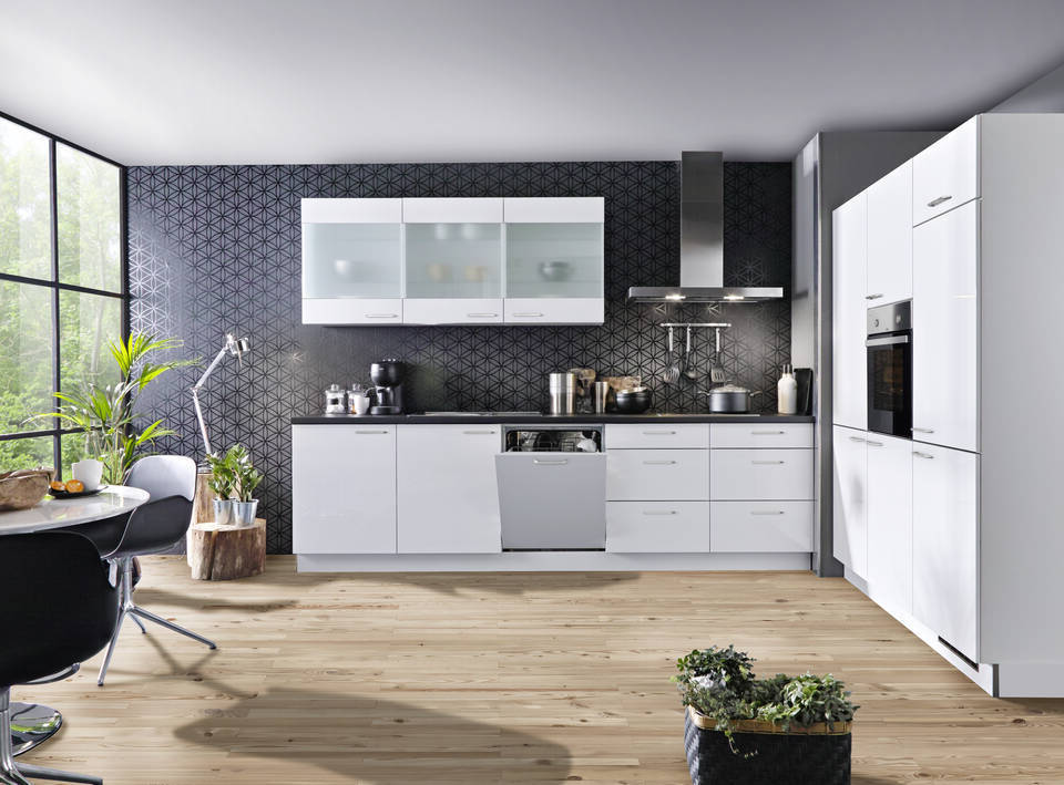 Express Küche mit Geräten in Weiß Hochglanz & Schwarz: zweizeilig, 300x180 cm, 480 cm, Spüle links | Doppelblock "EXK70-1-1-l" / Bild 2