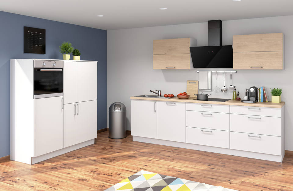 Express Küche mit Geräten in Weiß & Wildeiche: zweizeilig, 280x150 cm, 430 cm, Spüle links | Doppelblock "EXK100-1-1-l"
