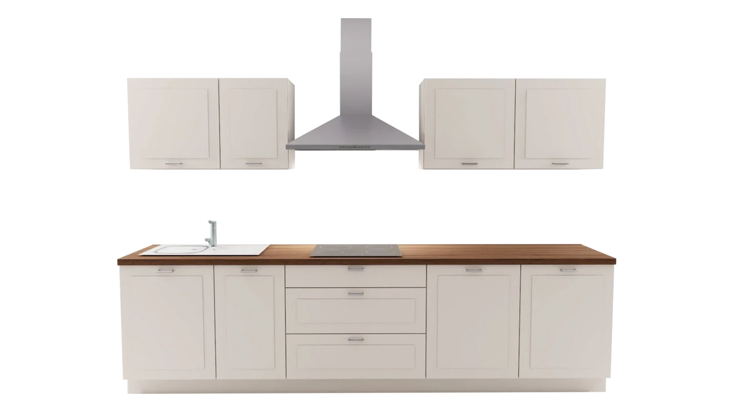 Express Küche mit Geräten in Magnolia & Nussbaum: zweizeilig, 315x120 cm, 435 cm, Spüle links | Doppelblock "EXK120-1-1-l" / Bild 2