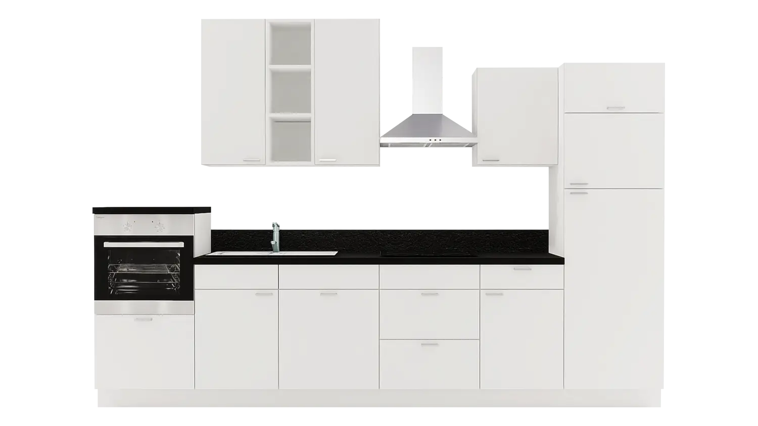 Express Küchenzeile mit Geräten in Weiß & Schwarz: 340 cm, Spüle links | Küchenblock "EXK520-1-1-l"