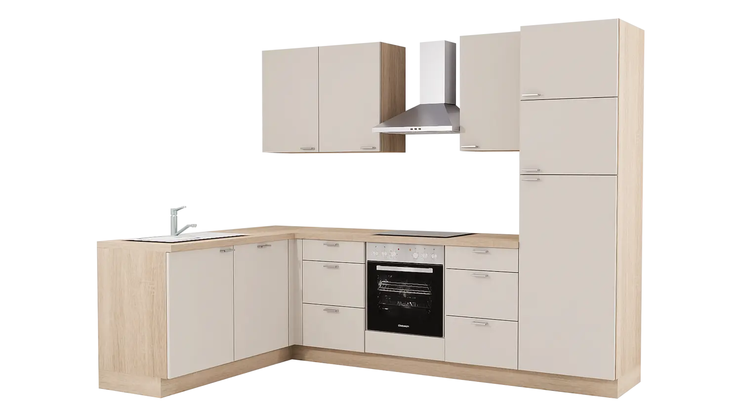 Express L-Küche mit Geräten in Crema & Bergeiche: 185x285 cm, 470 cm, Spüle links | Winkelküche "EXK140-2-1-l"
