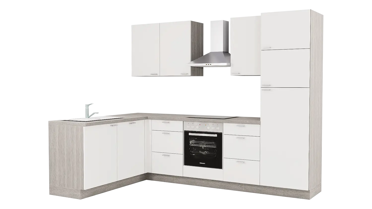 Express L-Küche mit Geräten in Weiß & Eiche grau: 185x285 cm, 470 cm, Spüle links | Winkelküche "EXK140-1-1-l"