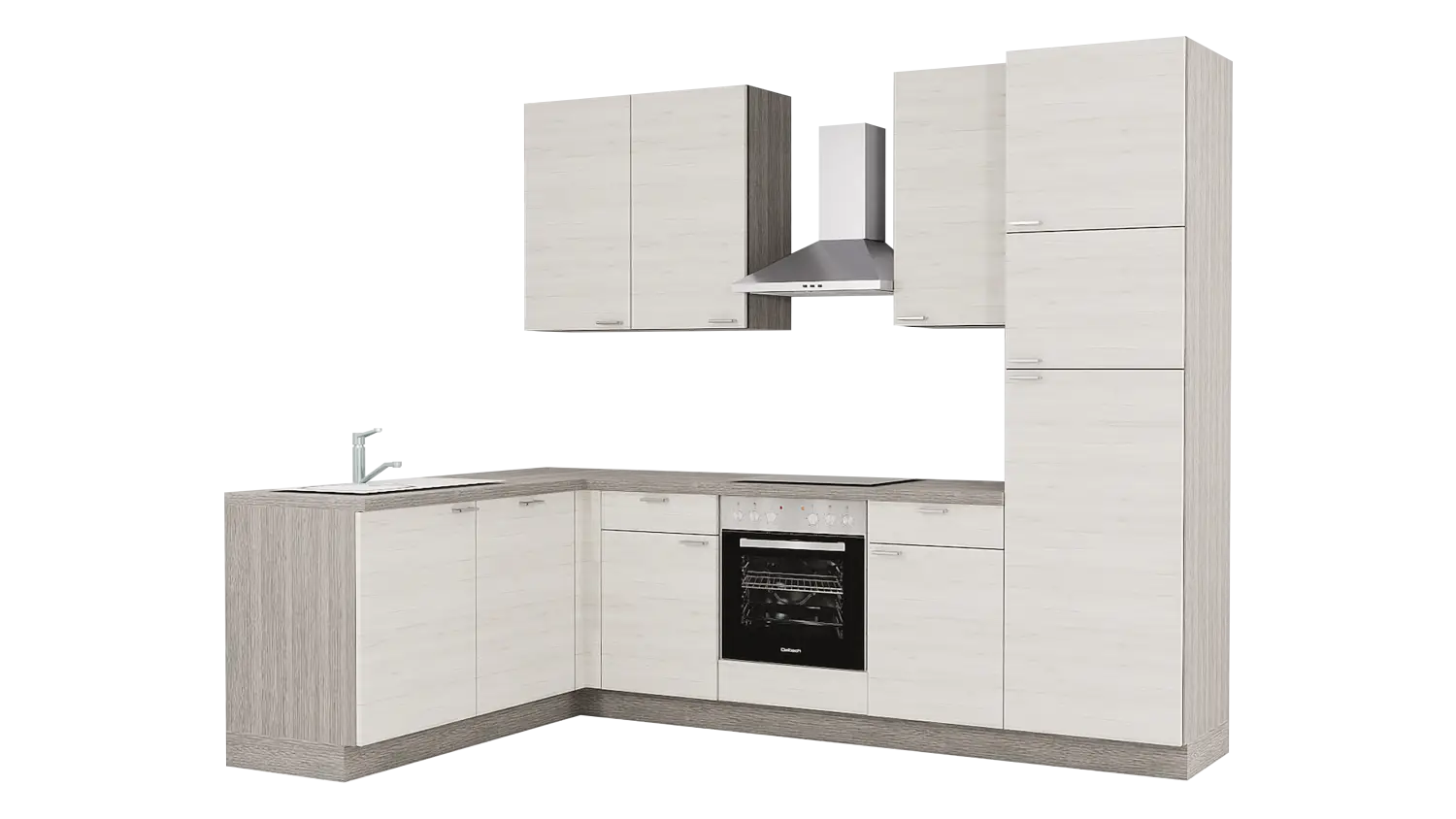 Express L-Küche mit Geräten in Eiche weiß & Eiche grau: 185x285 cm, 470 cm, Spüle links | Winkelküche "EXK150-4-1-l"
