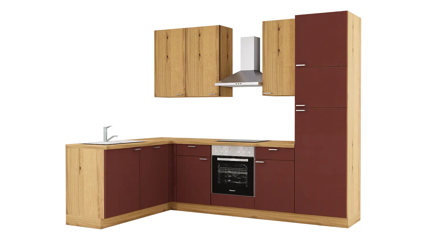 Express L-Küche mit Geräten in Karminrot & Eiche astig: 185x285 cm, 470 cm, Spüle links | Winkelküche "EXK150-3-1-l"