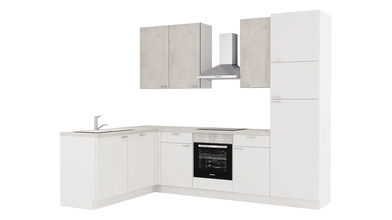 Express L-Küche mit Geräten in Weiß & Beton hell: 185x285 cm, 470 cm, Spüle links | Winkelküche "EXK150-1-1-l"