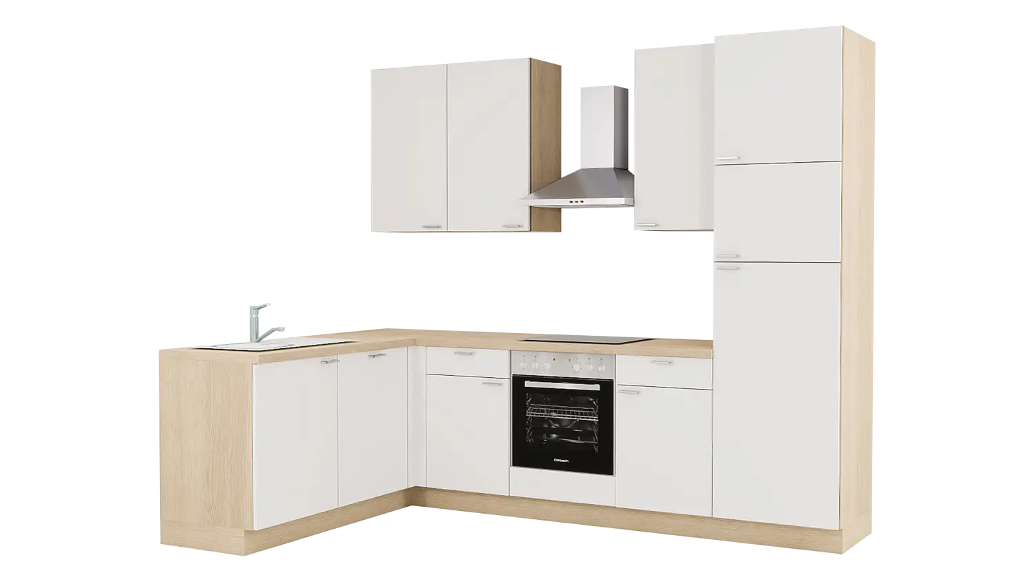 Express L-Küche mit Geräten in Weiß & Wildeiche: 185x285 cm, 470 cm, Spüle links | Winkelküche "EXK150-2-1-l"