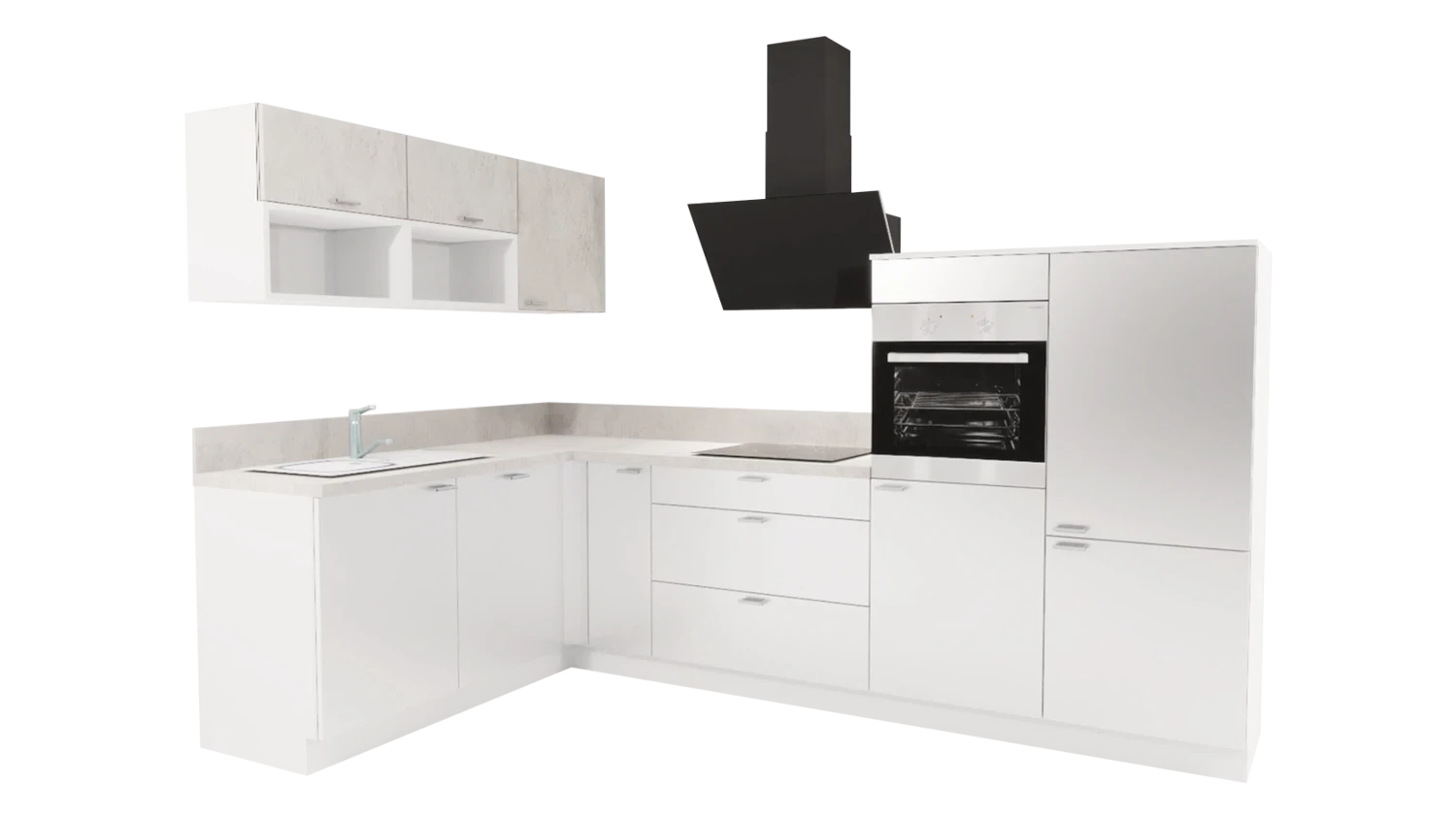 Express L-Küche mit Geräten in Weiß Hochglanz & Beton hell: 305x185 cm, 490 cm, Spüle links | Winkelküche "EXK160-6-1-l" / Bild 1