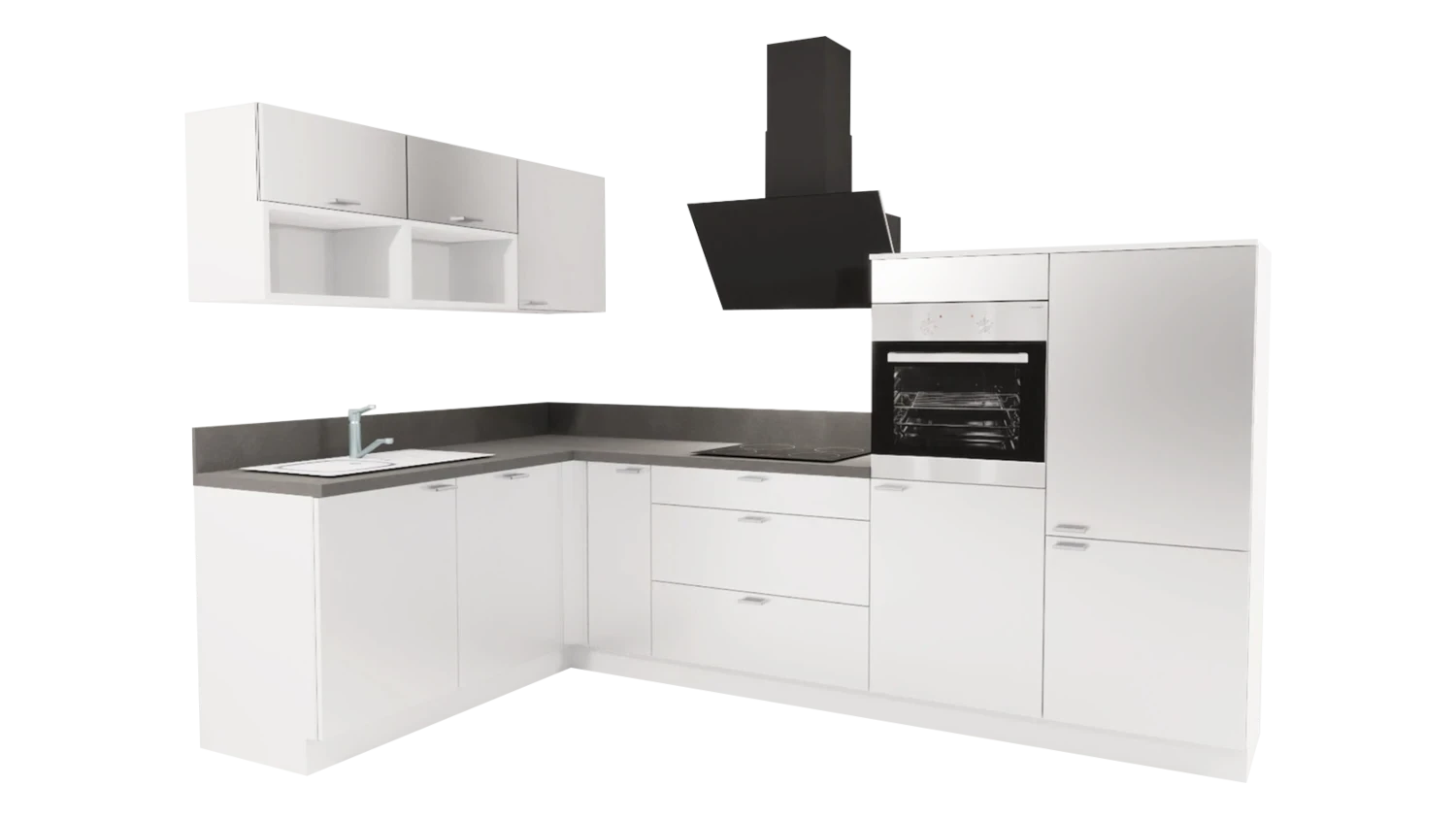 Express L-Küche mit Geräten in Weiß Hochglanz & Stahl dunkel: 305x185 cm, 490 cm, Spüle links | Winkelküche "EXK160-12-1-l"