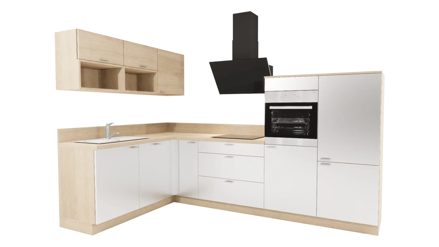 Express L-Küche mit Geräten in Weiß Hochglanz & Wildeiche: 305x185 cm, 490 cm, Spüle links | Winkelküche "EXK160-5-1-l" / Bild 1
