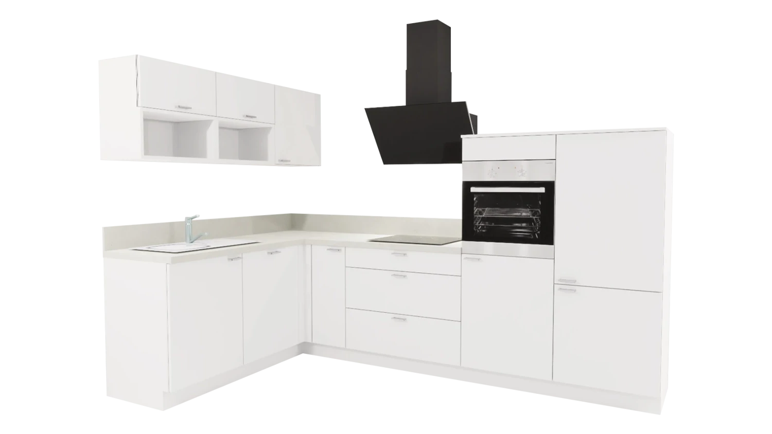 Express L-Küche mit Geräten in Weiß & Zement hell: 305x185 cm, 490 cm, Spüle links | Winkelküche "EXK160-7-1-l" / Bild 1