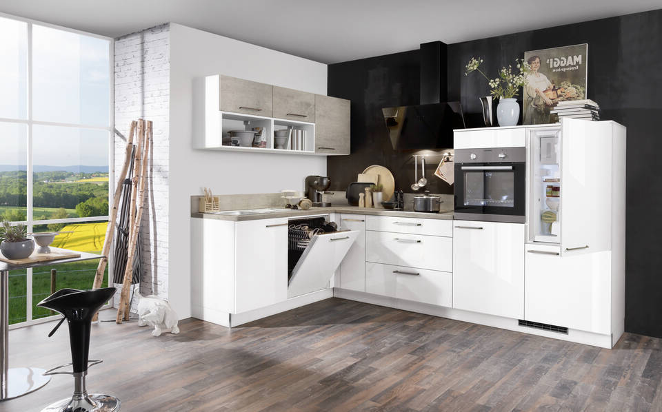 Express L-Küche mit Geräten in Weiß Hochglanz & Beton hell: 305x185 cm, 490 cm, Spüle links | Winkelküche "EXK160-6-1-l" / Bild 2