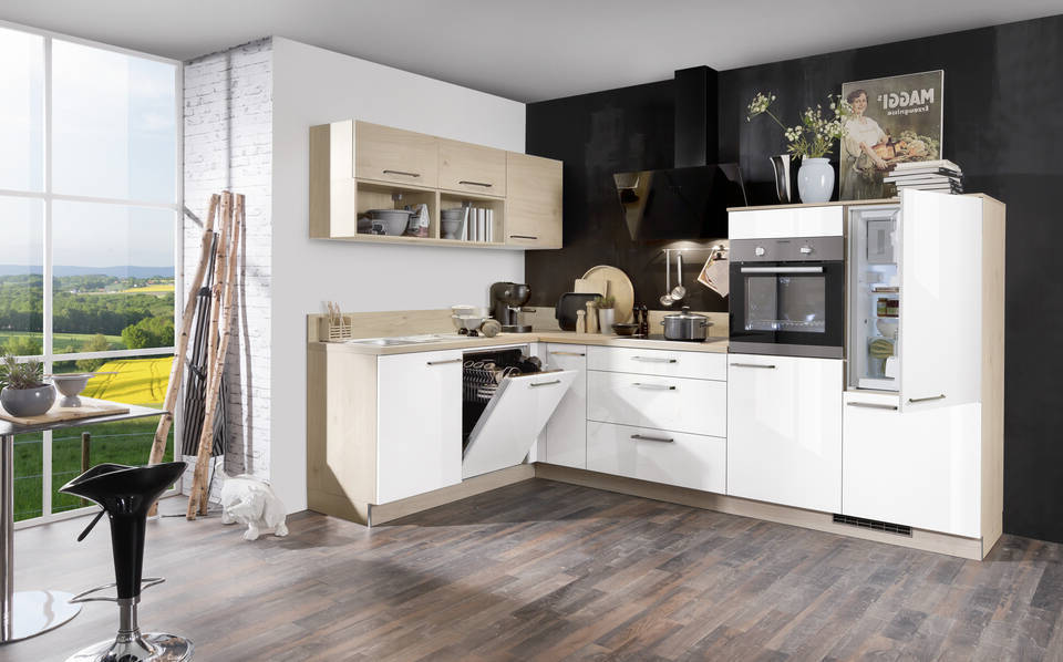 Express L-Küche mit Geräten in Weiß Hochglanz & Wildeiche: 305x185 cm, 490 cm, Spüle links | Winkelküche "EXK160-5-1-l" / Bild 2