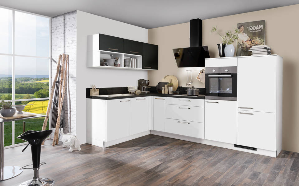 Express L-Küche mit Geräten in Weiß & Schwarz: 305x185 cm, 490 cm, Spüle links | Winkelküche "EXK160-4-1-l"
