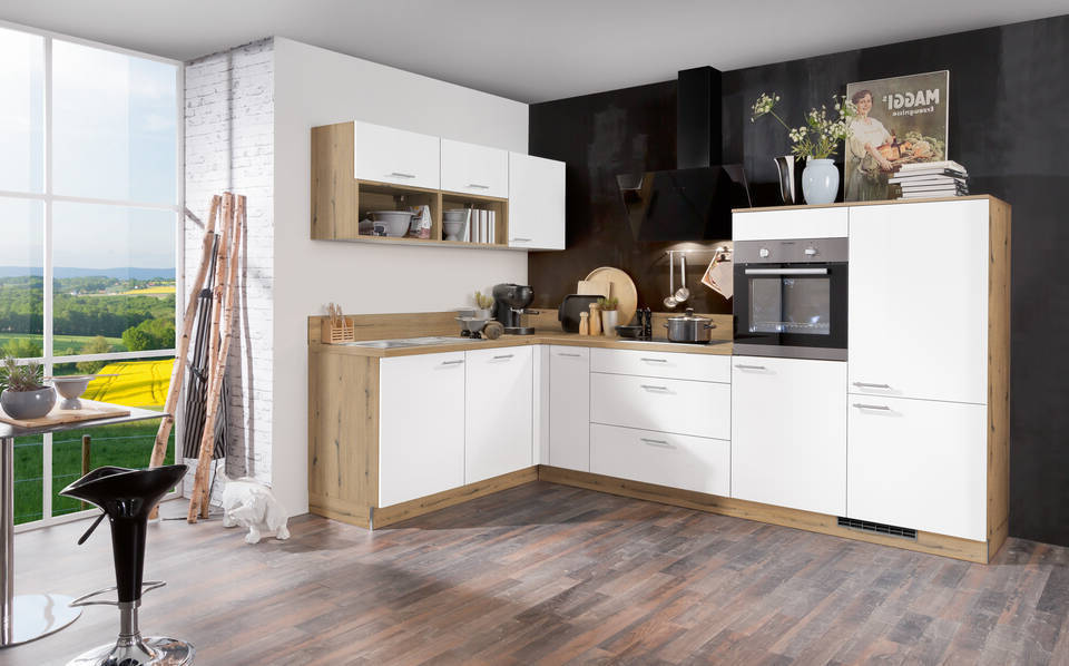 Express L-Küche mit Geräten in Weiß & Eiche astig: 305x185 cm, 490 cm, Spüle links | Winkelküche "EXK160-11-1"