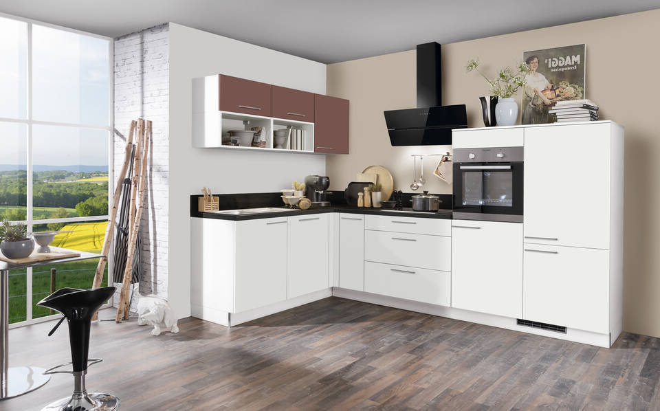 Express L-Küche mit Geräten in Weiß & Karminrot & Schwarz: 305x185 cm, 490 cm, Spüle links | Winkelküche "EXK160-9-1"