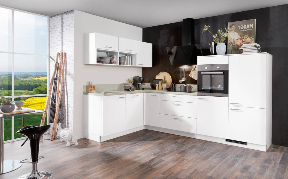 Express L-Küche mit Geräten in Weiß & Zement hell: 305x185 cm, 490 cm, Spüle links | Winkelküche "EXK160-7-1-l" / Bild 2