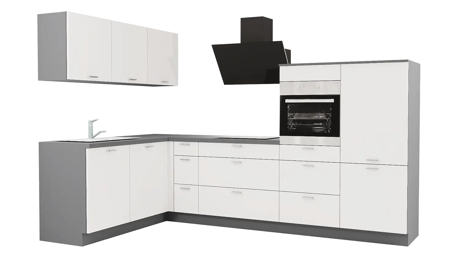 Express L-Küche mit Geräten in Weiß & Anthrazit: 305x185 cm, 490 cm, Spüle links | Winkelküche "EXK170-2-1-l"