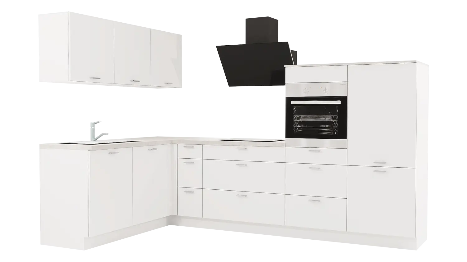 Express L-Küche mit Geräten in Weiß & Beton hell: 305x185 cm, 490 cm, Spüle links | Winkelküche "EXK170-1-1-l"
