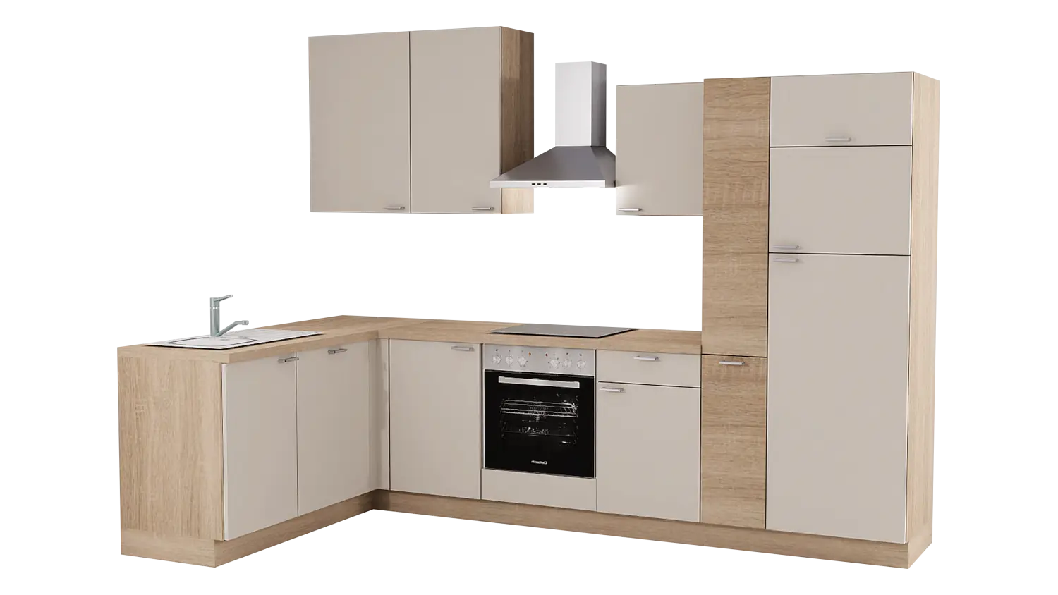Express L-Küche mit Geräten in Crema & Bergeiche: 315x175 cm, 490 cm, Spüle links | Winkelküche "EXK600-1-1-l"