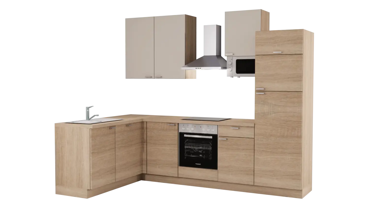 Express L-Küche mit Geräten in Bergeiche & Crema: 285x175 cm, 460 cm, Spüle links | Winkelküche "EXK630-1-1-l"