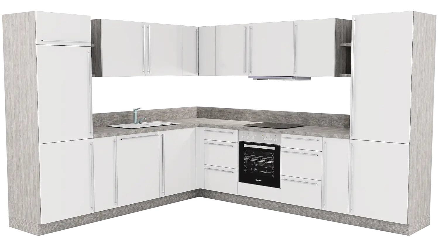 Express L-Küche mit Geräten in Weiß & Eiche grau: 275x315 cm, 590 cm, Spüle links | Winkelküche "EXK190-1-1-l"