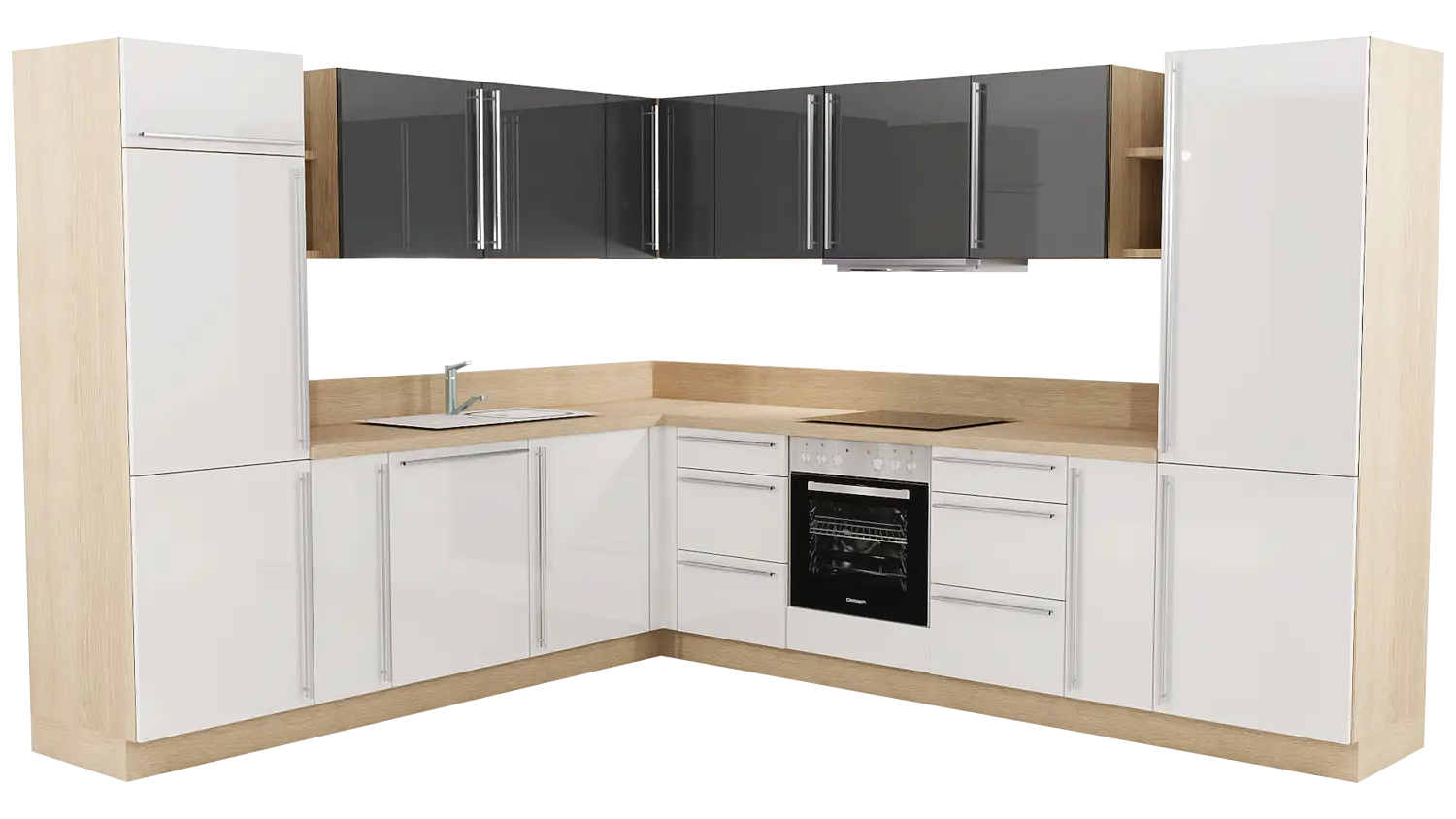 Express L-Küche mit Geräten in Weiß Hochglanz & Anthrazit Hochglanz & Wildeiche: 275x315 cm, 590 cm, Spüle links | Winkelküche "EXK190-3-1-l"