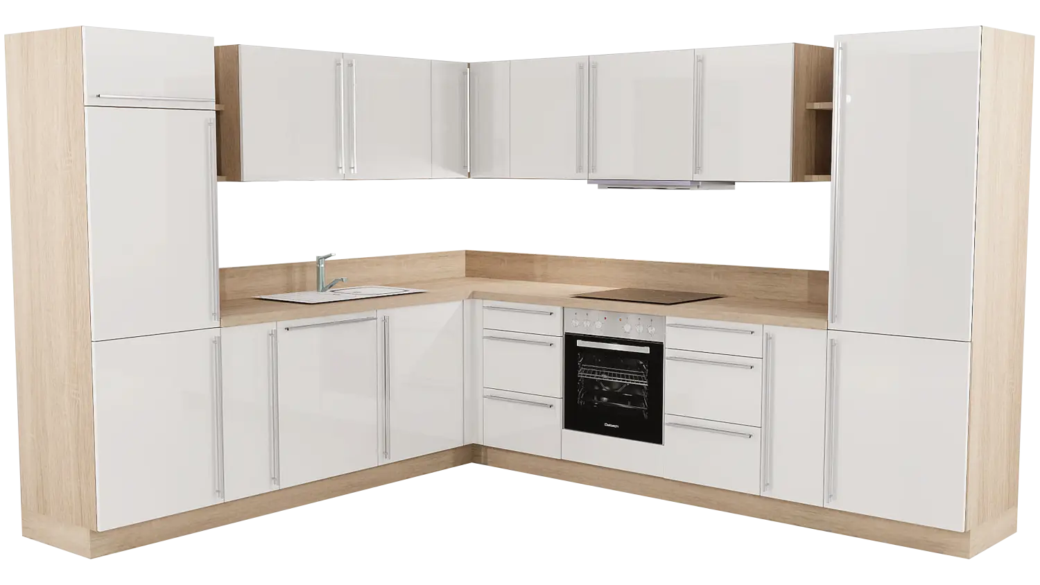 Express L-Küche mit Geräten in Weiß Hochglanz & Bergeiche: 275x315 cm, 590 cm, Spüle links | Winkelküche "EXK190-2-1-l"