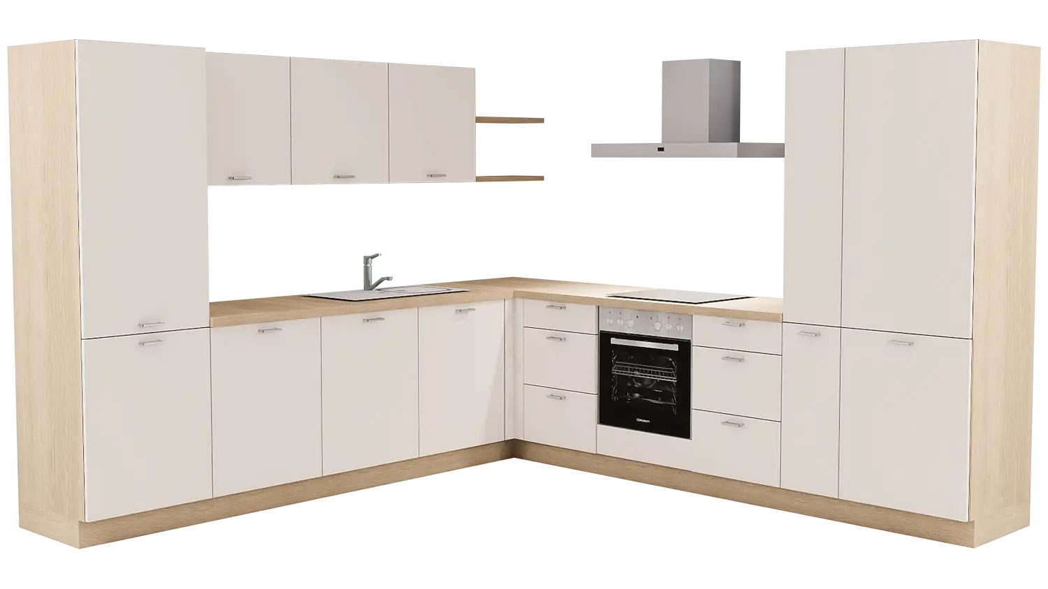 Express L-Küche mit Geräten in Magnolia & Wildeiche: 305x315 cm, 620 cm, Spüle links | Winkelküche "EXK200-1-1-l"