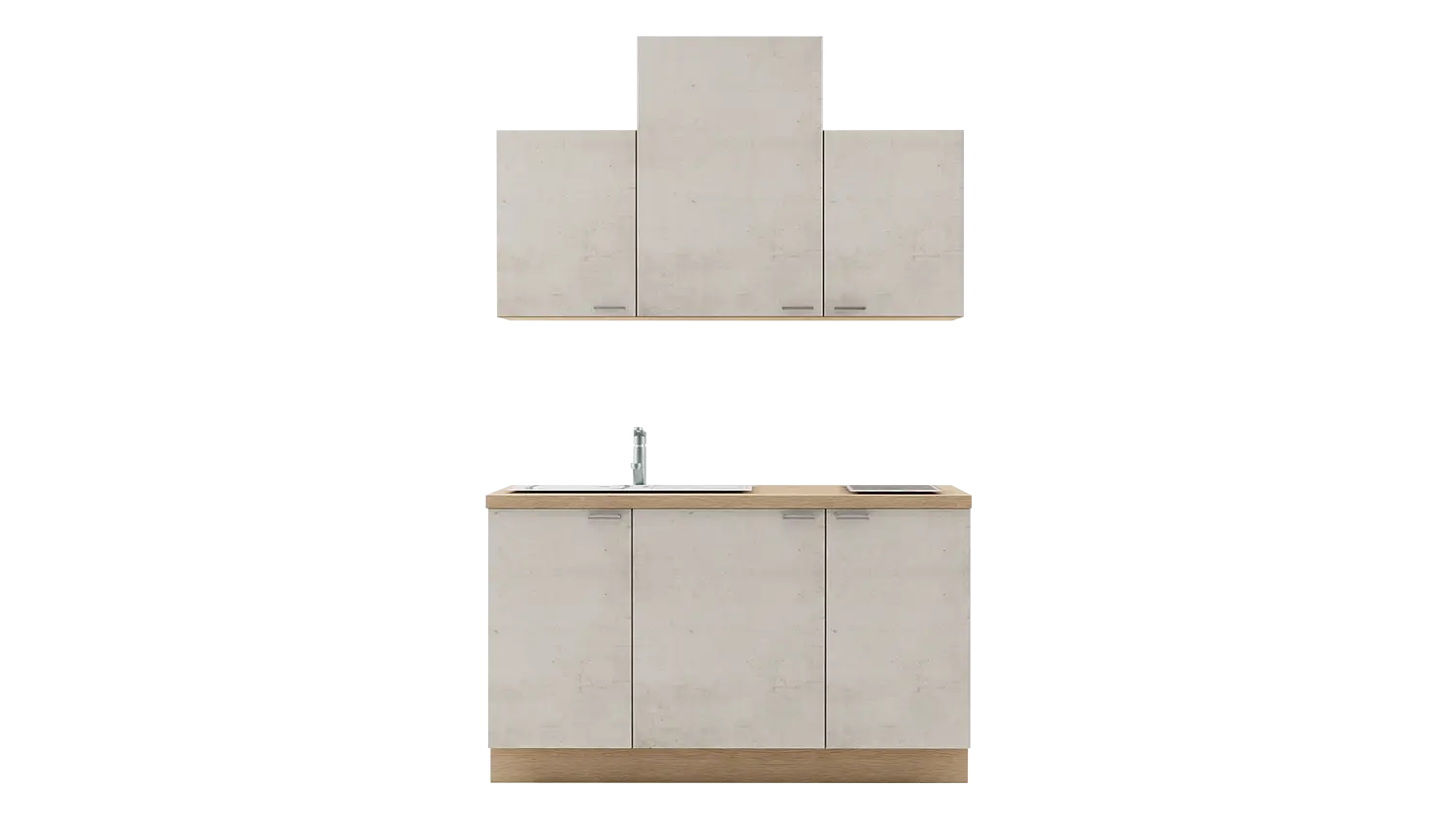 Express Küchenzeile mit Geräten in Beton steinweiß & Wildeiche: 150 cm, Spüle links | Miniküche "EXK220-3-1-l" / Bild 1