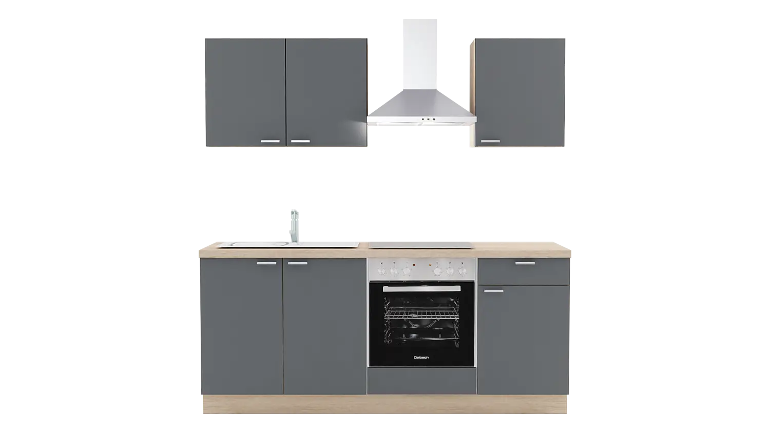 Express Küchenzeile mit Geräten in Anthrazit & Bergeiche: 200 cm, Spüle links | Miniküche "EXK250-1-1-l"