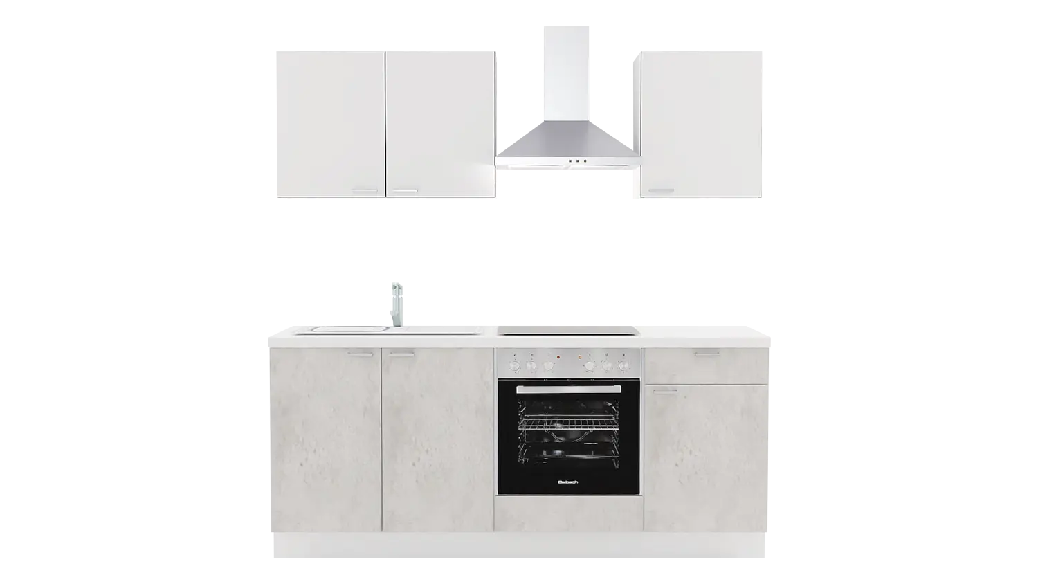 Express Küchenzeile mit Geräten in Beton hell & Weiß: 200 cm, Spüle links | Miniküche "EXK250-2-1-l"