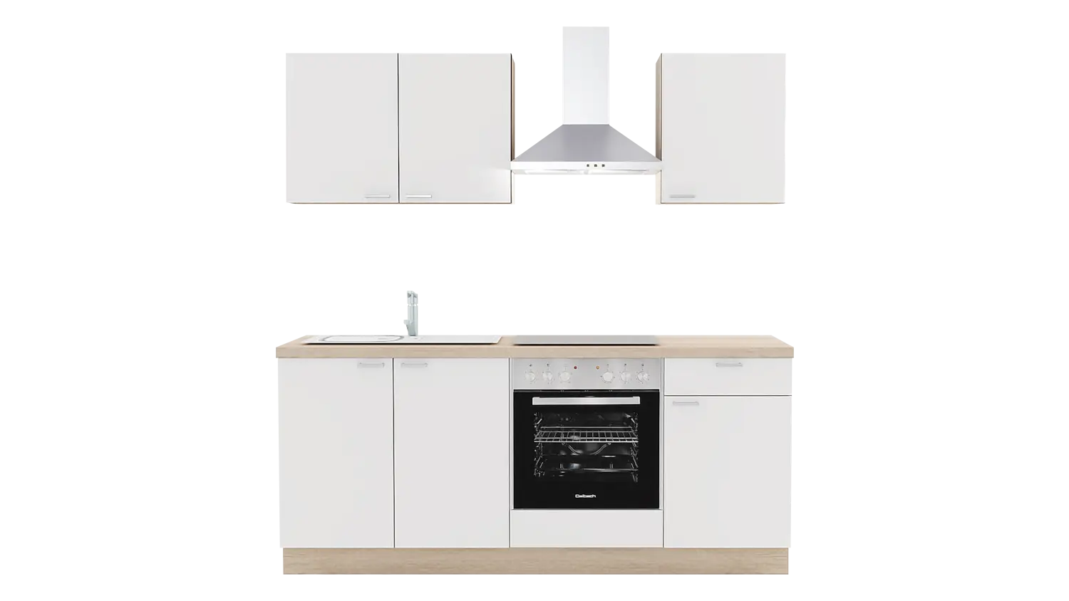 Express Küchenzeile mit Geräten in Weiß & Bergeiche: 200 cm, Spüle links | Miniküche "EXK250-7-1-l"