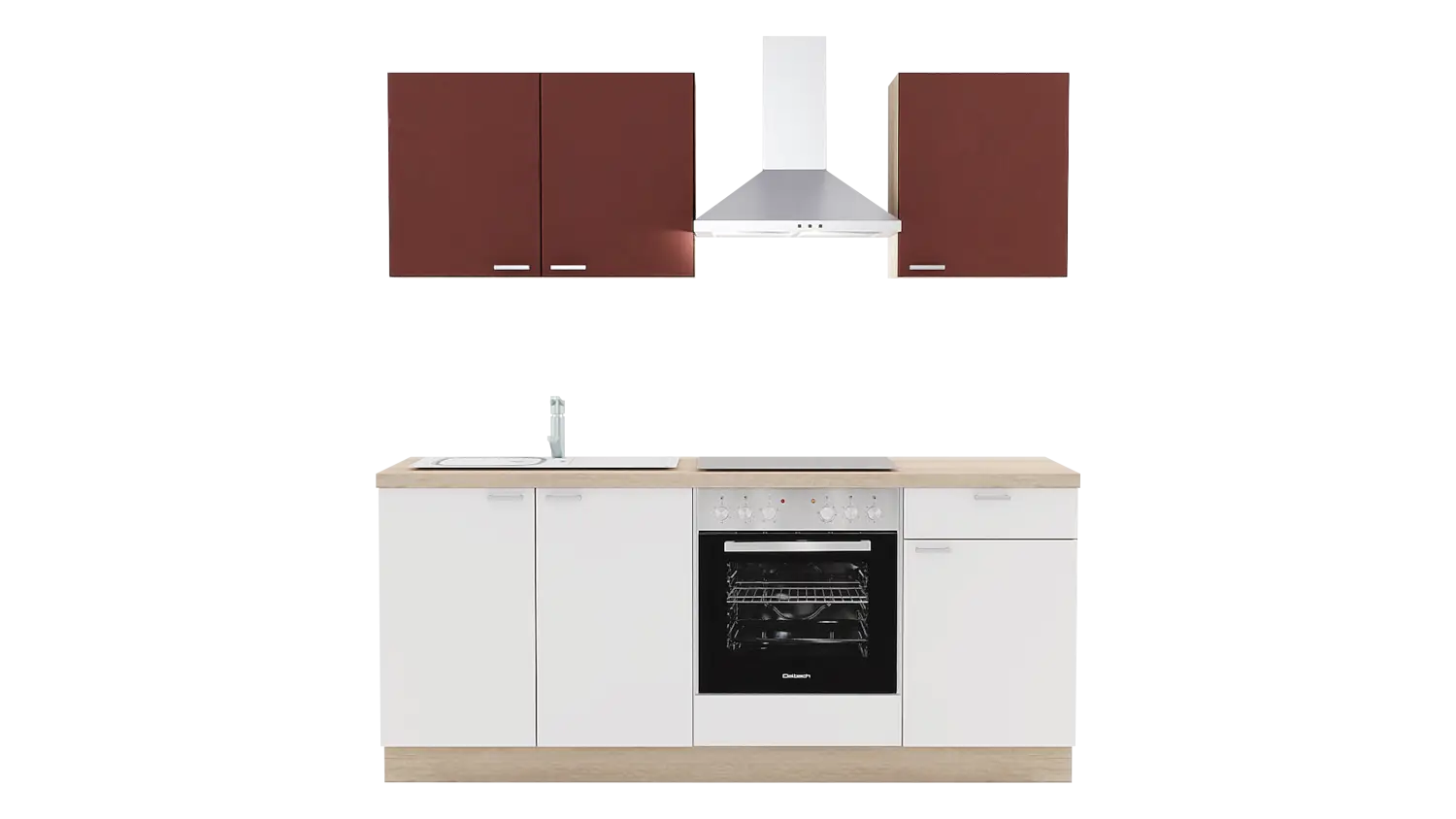 Express Küchenzeile mit Geräten in Weiß & Karminrot & Bergeiche: 200 cm, Spüle links | Miniküche "EXK250-6-1-l"